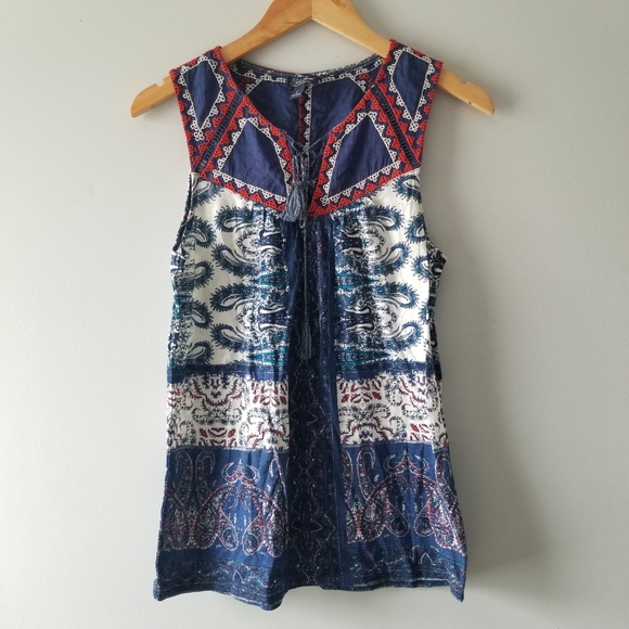Lucky Brand Print Lace Up Embroidered Tank - Picture 4 of 9